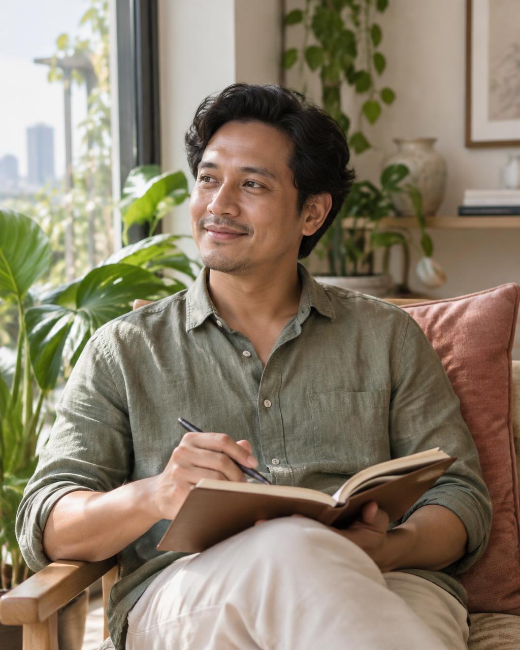 Laki-laki Indonesia mengambil jeda dengan jurnal refleksi